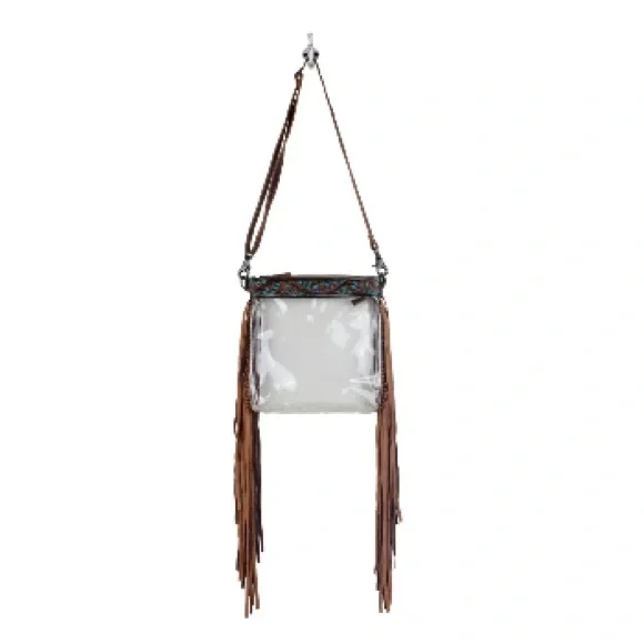 New Stadium Concert Bag Clear Adjustable Crossbody with Brown Leather Fringe - Picture 3 of 7